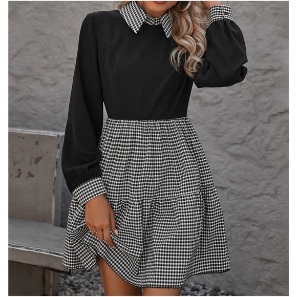 Gingham Color block Minimalist ruffle Hem Dress - Picture 2 of 6